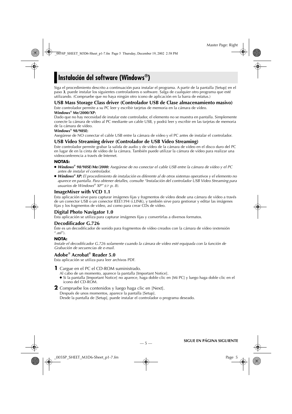 Instalación del software (windows®), Instalación del software (windows | JVC GR-DV900 User Manual | Page 5 / 16