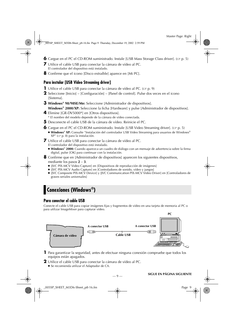 Conexiones (windows®), Conexiones (windows, Para instalar [usb video streaming driver] 1 | Para conectar el cable usb | JVC GR-DV900 User Manual | Page 9 / 16