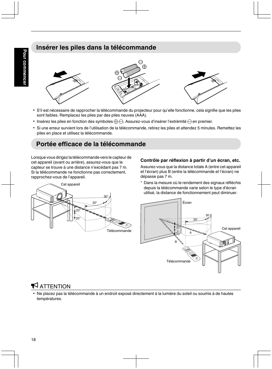 Insérer les piles dans la télécommande, Portée efficace de la télécommande, Attention | JVC DLA-X95R User Manual | Page 104 / 260