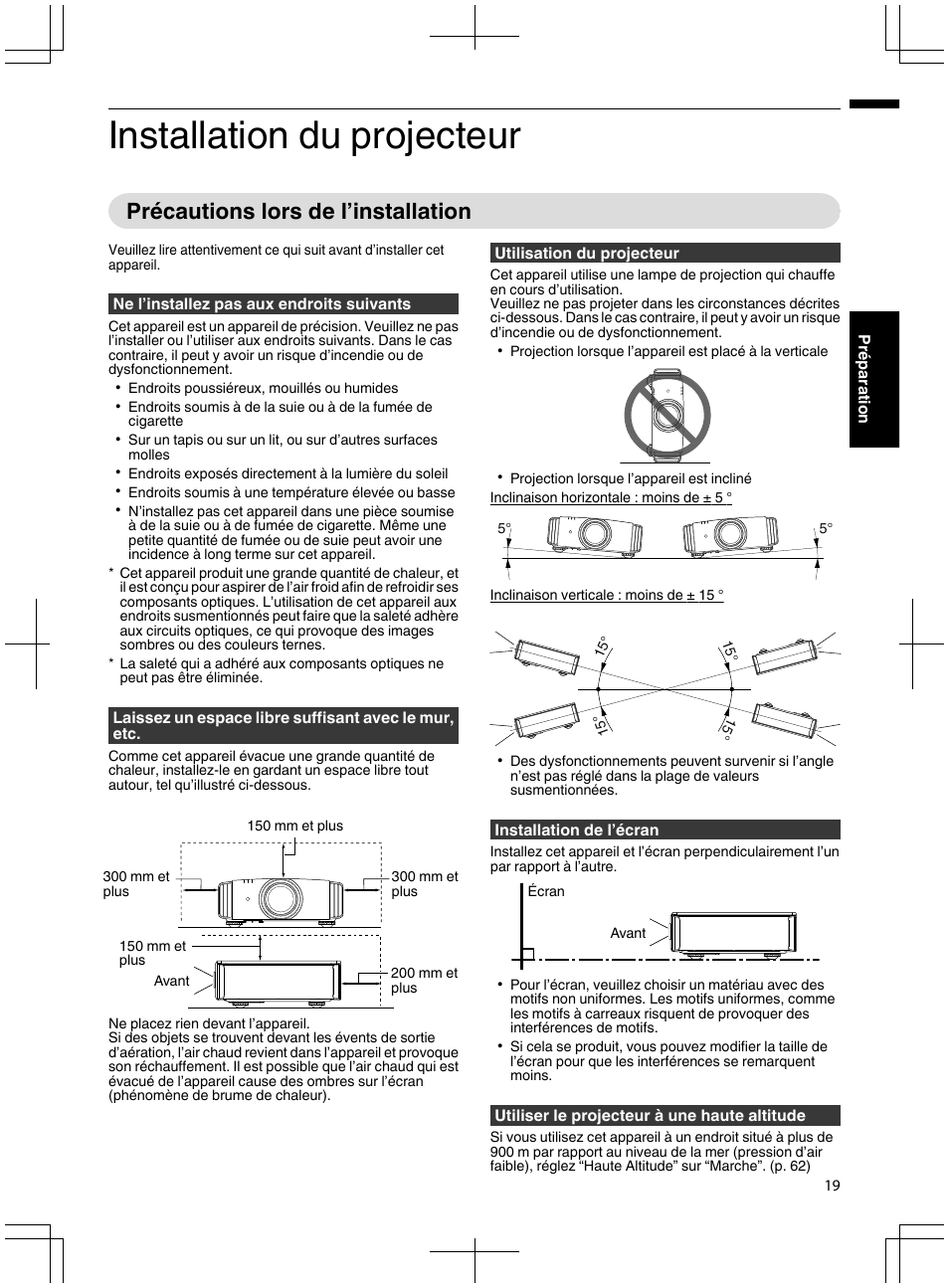 Préparation, Installation du projecteur, Précautions lors de l’installation | JVC DLA-X95R User Manual | Page 105 / 260