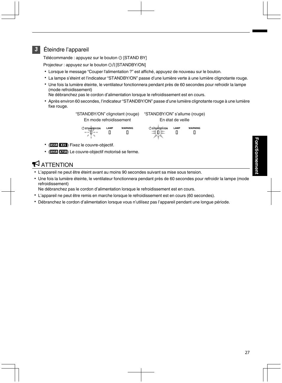 Éteint l’appareil. (p. 27), 3éteindre l’appareil, Attention | JVC DLA-X95R User Manual | Page 113 / 260