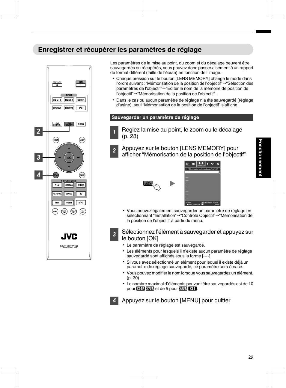 Enregistrer et récupérer les paramètres de réglage, L’objectif. (p. 29), 4appuyez sur le bouton [menu] pour quitter | Sauvegarder un paramètre de réglage, 29 fonctionnement | JVC DLA-X95R User Manual | Page 115 / 260