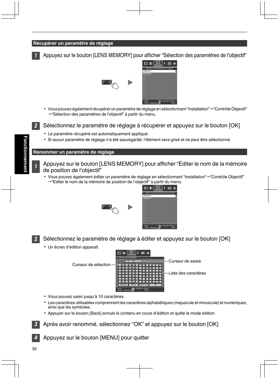 Récupérer un paramètre de réglage, Renommer un paramètre de réglage, 30 fonctionnement | Le paramètre récupéré est automatiquement appliqué, Un écran d’édition apparaît, Vous pouvez saisir jusqu’à 10 caractères | JVC DLA-X95R User Manual | Page 116 / 260