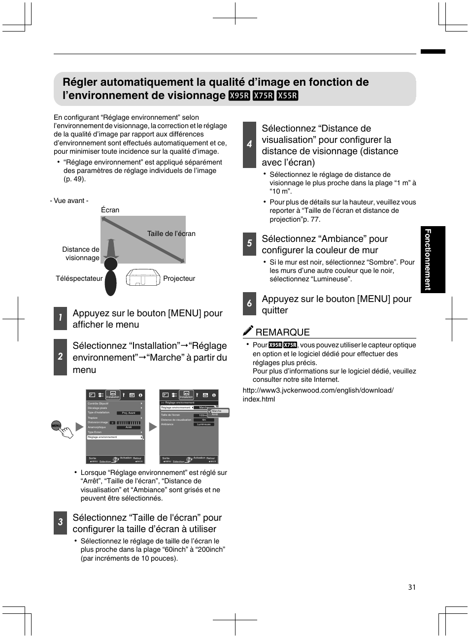 Régler automatiquement la qualité d’image en, Fonction de l’environnement de visionnage d, P. 31) | 31 fonctionnement | JVC DLA-X95R User Manual | Page 117 / 260