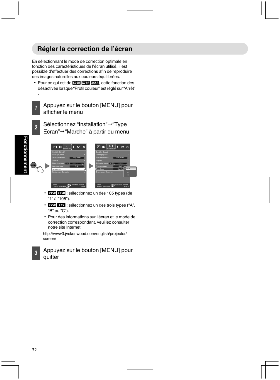 Régler la correction de l’écran, 3appuyez sur le bouton [menu] pour quitter, 32 fonctionnement | JVC DLA-X95R User Manual | Page 118 / 260