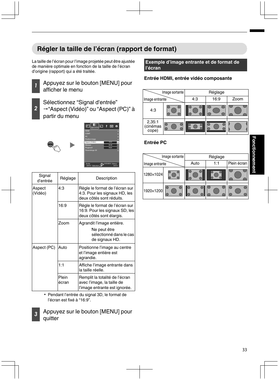 Régler la taille de l’écran (rapport de format), 3appuyez sur le bouton [menu] pour quitter | JVC DLA-X95R User Manual | Page 119 / 260