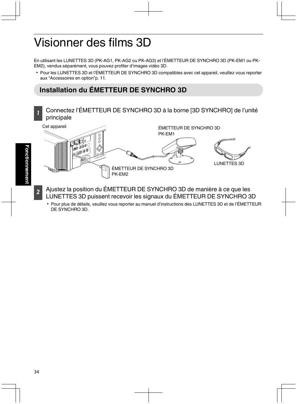 Visionner des films 3d, Installation du émetteur de synchro 3d, P. 34) | JVC DLA-X95R User Manual | Page 120 / 260