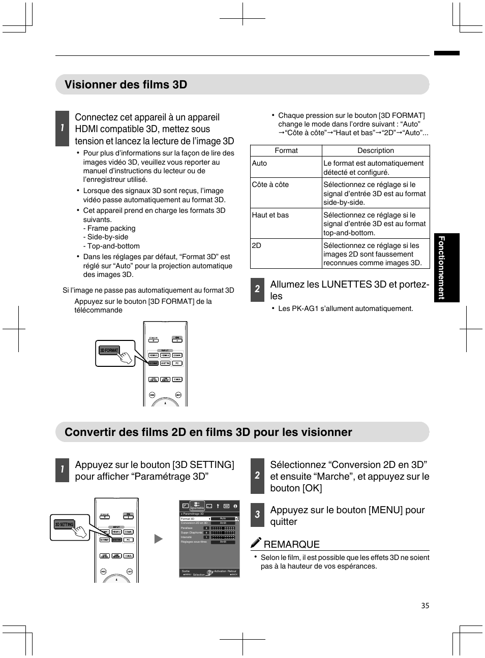 Visionner des films 3d, Visionner, P. 35) | Configuration 3d. (p. 35), 2allumez les lunettes 3d et portez- les | JVC DLA-X95R User Manual | Page 121 / 260