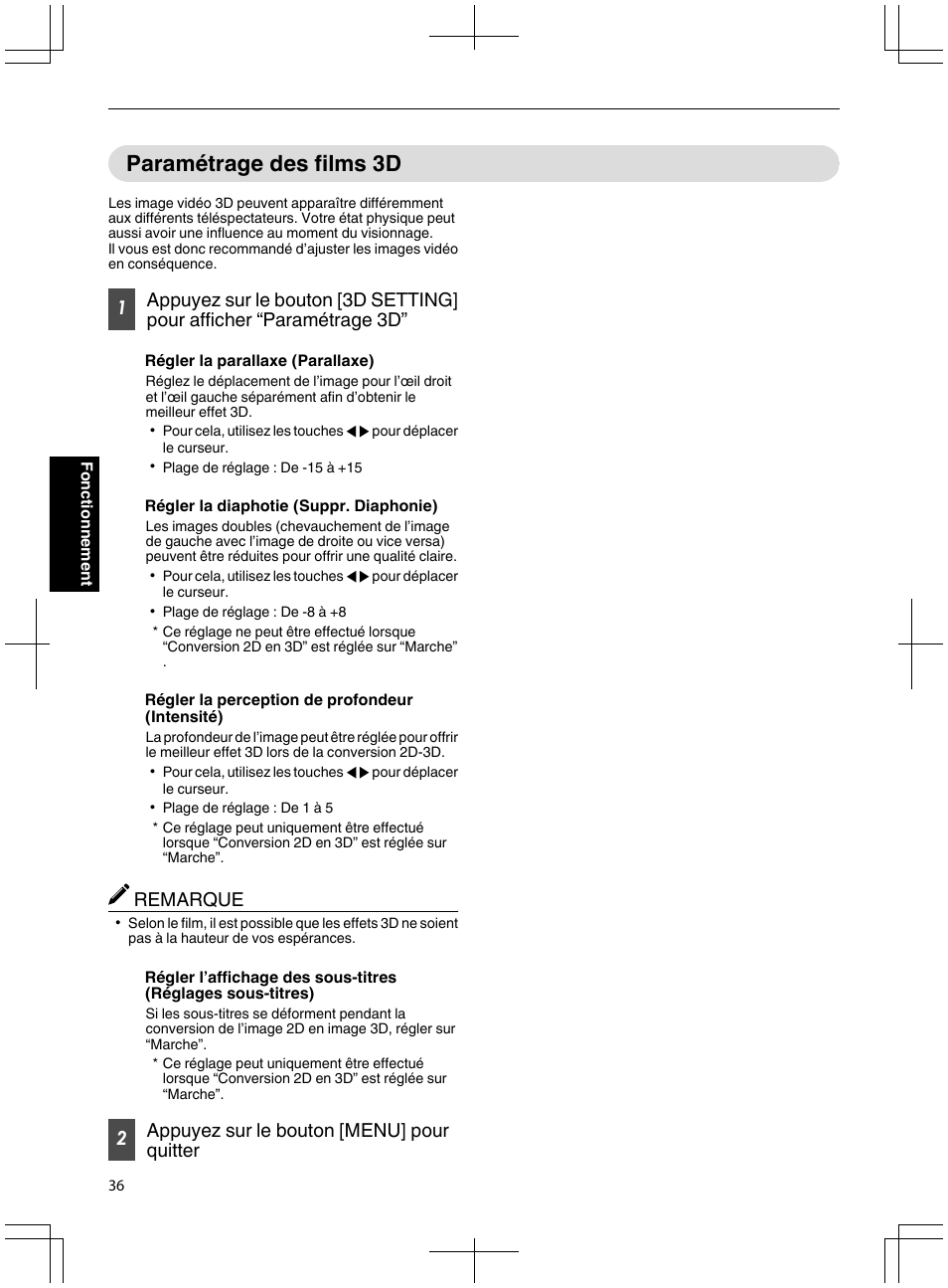 Paramétrage des films 3d, Remarque, 2appuyez sur le bouton [menu] pour quitter | JVC DLA-X95R User Manual | Page 122 / 260