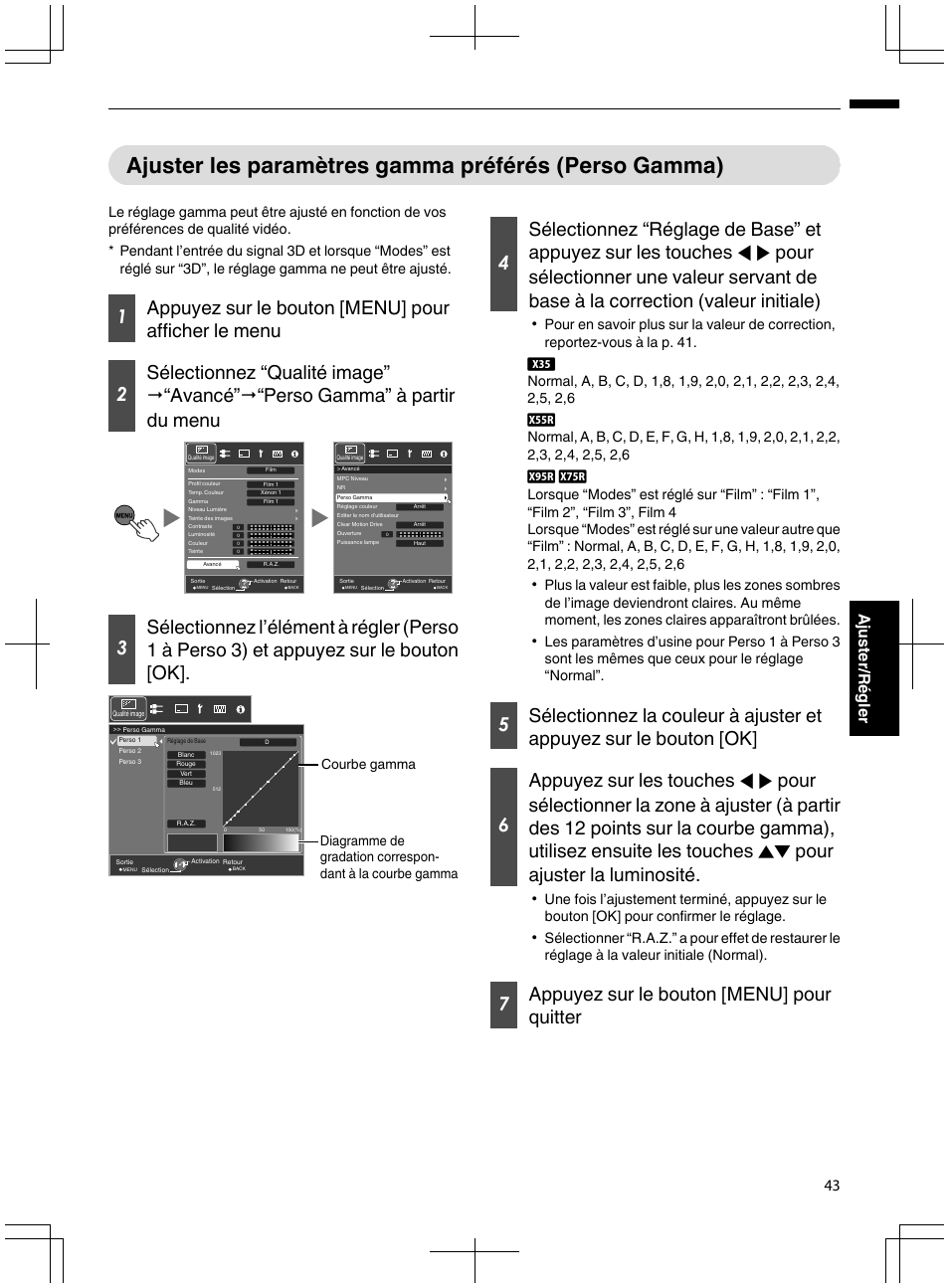 Ajuster les paramètres gamma préférés (perso, Gamma), 7appuyez sur le bouton [menu] pour quitter | 43 ajuster/régler | JVC DLA-X95R User Manual | Page 129 / 260