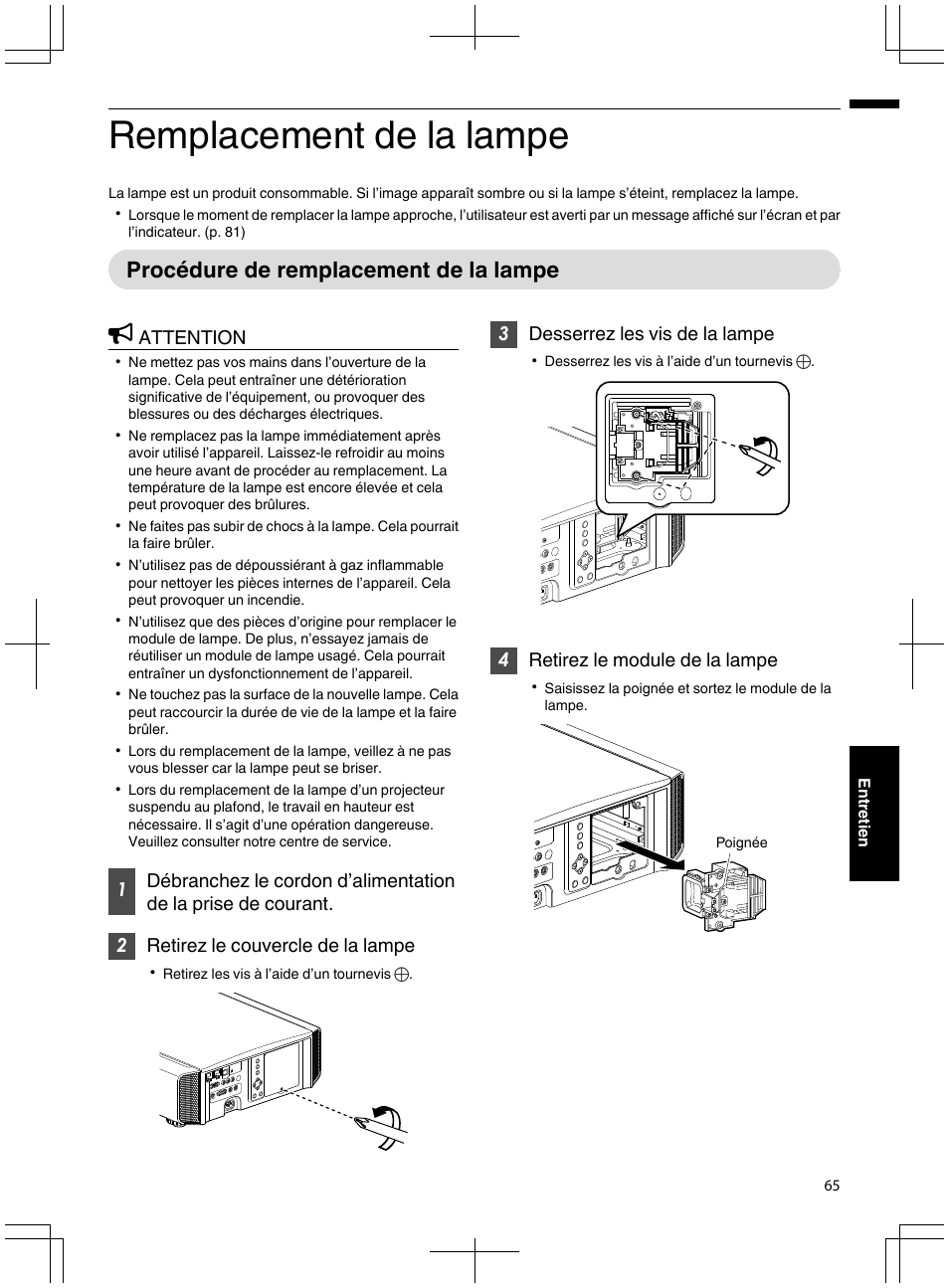 Entretien, Remplacement de la lampe, Procédure de remplacement de la lampe | Attention, 3desserrez les vis de la lampe, 4retirez le module de la lampe | JVC DLA-X95R User Manual | Page 151 / 260