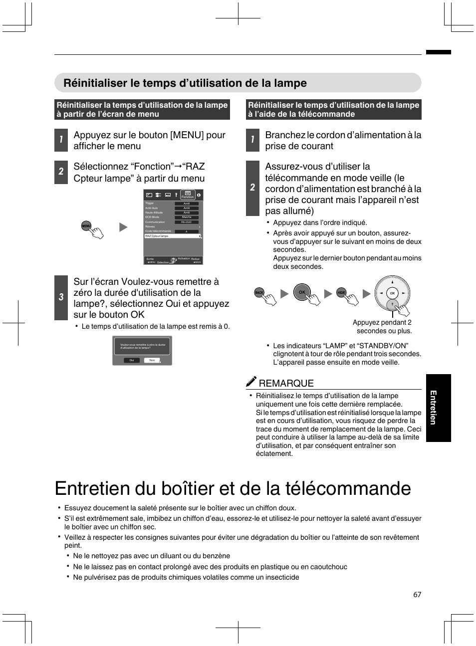 Réinitialiser le temps d’utilisation de la lampe, Entretien du boîtier et de la télécommande, P. 67 | Remarque | JVC DLA-X95R User Manual | Page 153 / 260