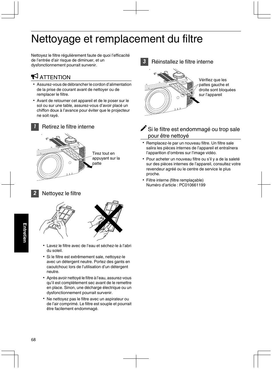 Nettoyage et remplacement du filtre, Attention, 1retirez le filtre interne | 2nettoyez le filtre, 3réinstallez le filtre interne | JVC DLA-X95R User Manual | Page 154 / 260