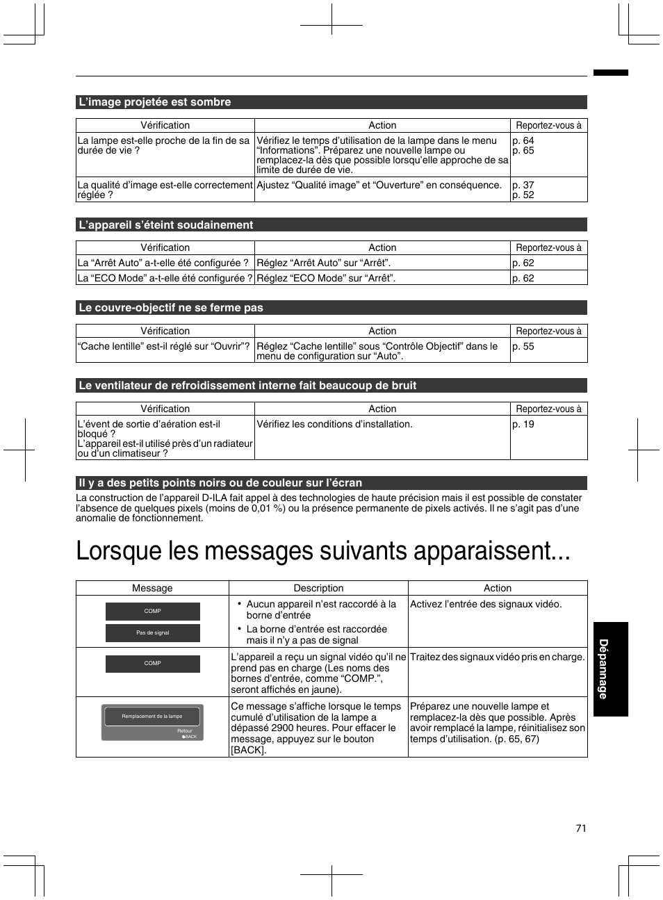 Lorsque les messages suivants apparaissent | JVC DLA-X95R User Manual | Page 157 / 260