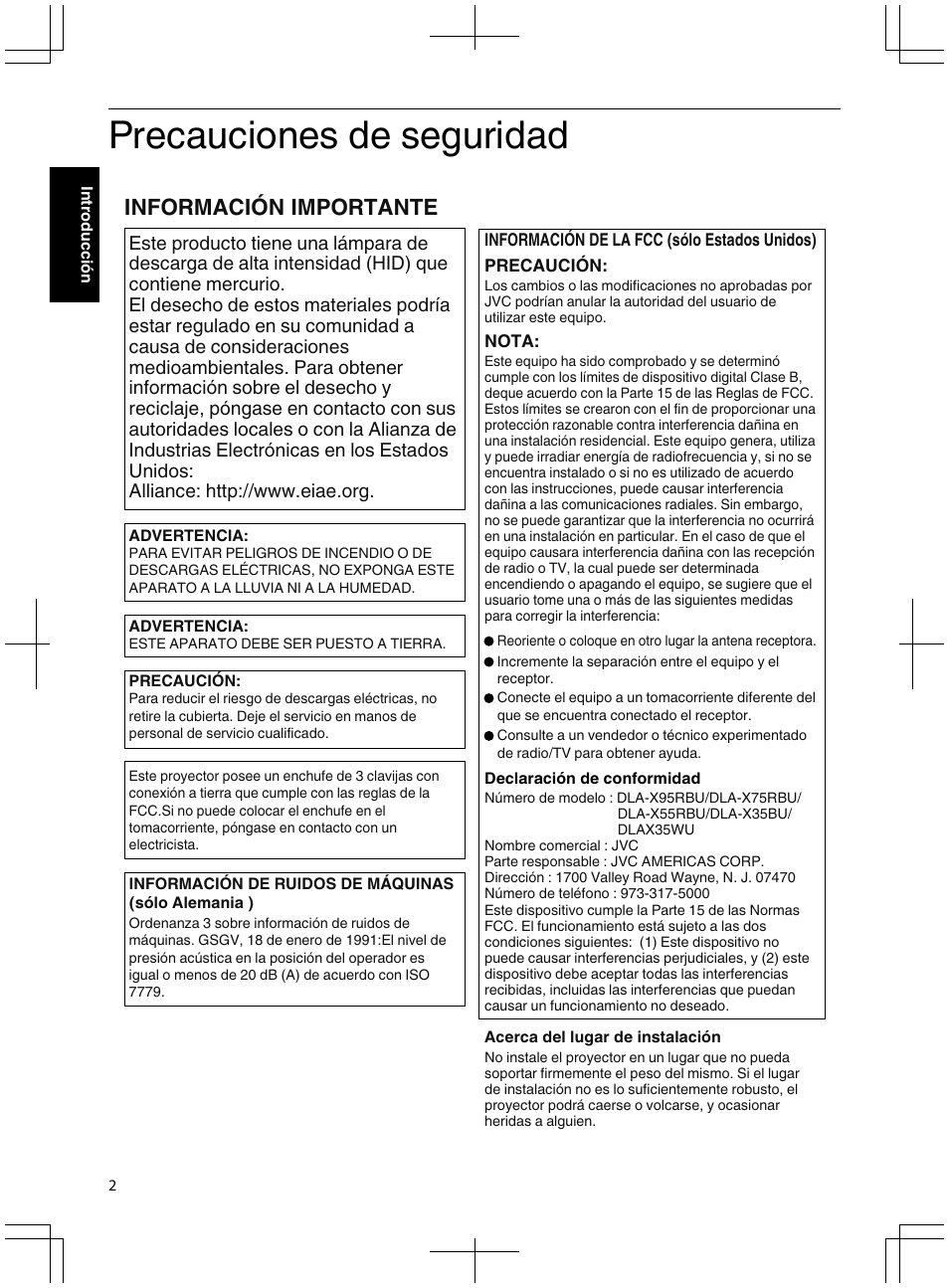 Introducción, Precauciones de seguridad, Información importante | JVC DLA-X95R User Manual | Page 174 / 260