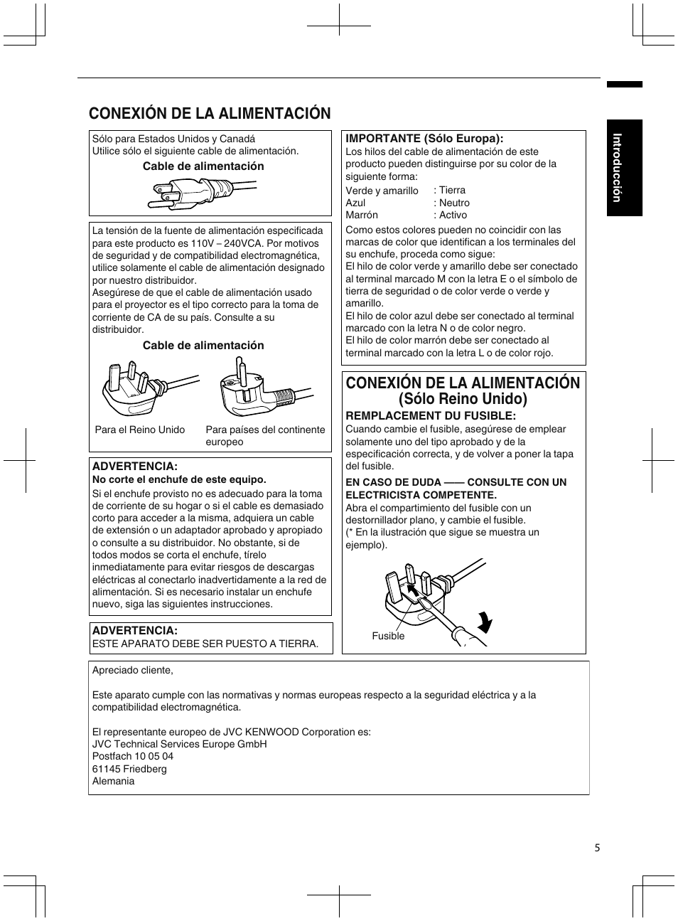 Conexión de la alimentación, Conexión de la alimentación (sólo reino unido) | JVC DLA-X95R User Manual | Page 177 / 260