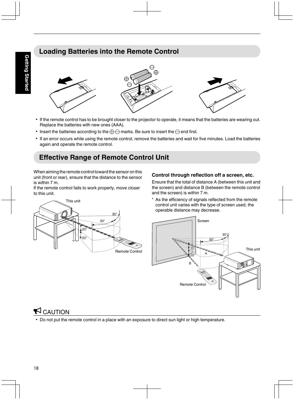 Loading batteries into the remote control, Effective range of remote control unit, Caution | JVC DLA-X95R User Manual | Page 18 / 260