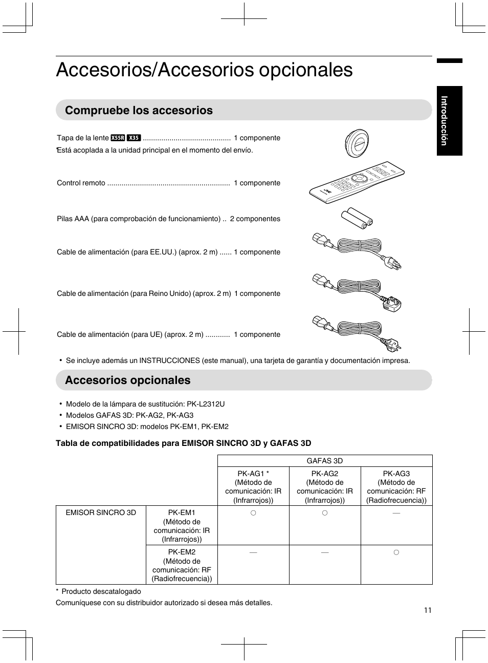 Accesorios/accesorios opcionales, Compruebe los accesorios, Accesorios opcionales | Compruebe los accesorios accesorios opcionales | JVC DLA-X95R User Manual | Page 183 / 260