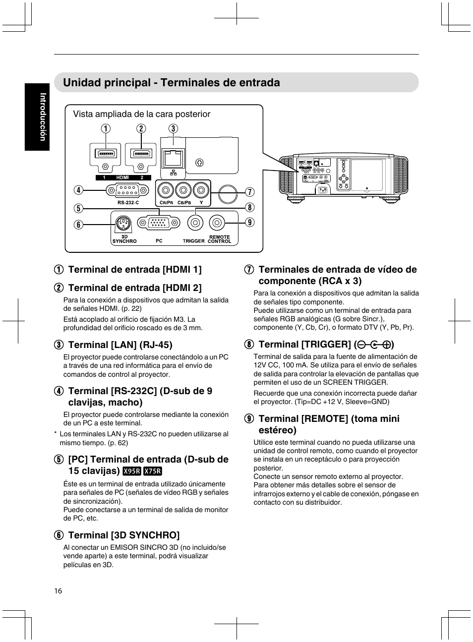 Unidad principal - terminales de entrada, Consulte “unidad principal - terminales de, Entrada”p. 16 | JVC DLA-X95R User Manual | Page 188 / 260
