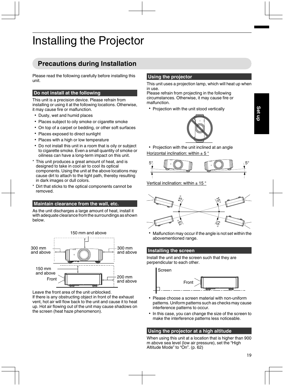 Set up, Installing the projector, Precautions during installation | JVC DLA-X95R User Manual | Page 19 / 260