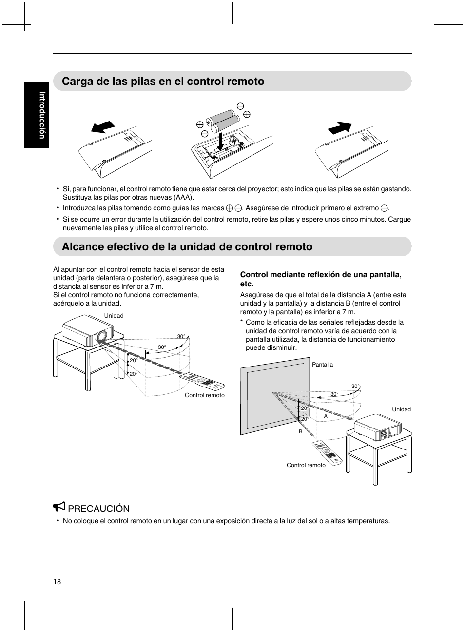 Carga de las pilas en el control remoto, Alcance efectivo de la unidad de control remoto, Precaución | JVC DLA-X95R User Manual | Page 190 / 260