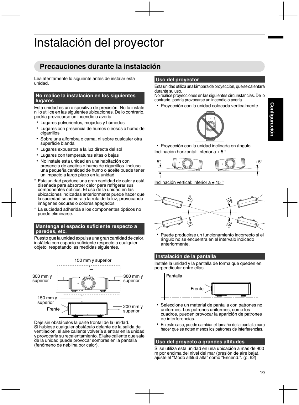 Configuración, Instalación del proyector, Precauciones durante la instalación | JVC DLA-X95R User Manual | Page 191 / 260