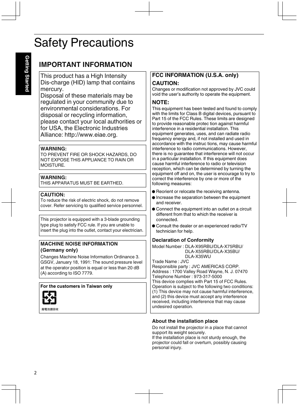 Getting started, Safety precautions, Important information | JVC DLA-X95R User Manual | Page 2 / 260