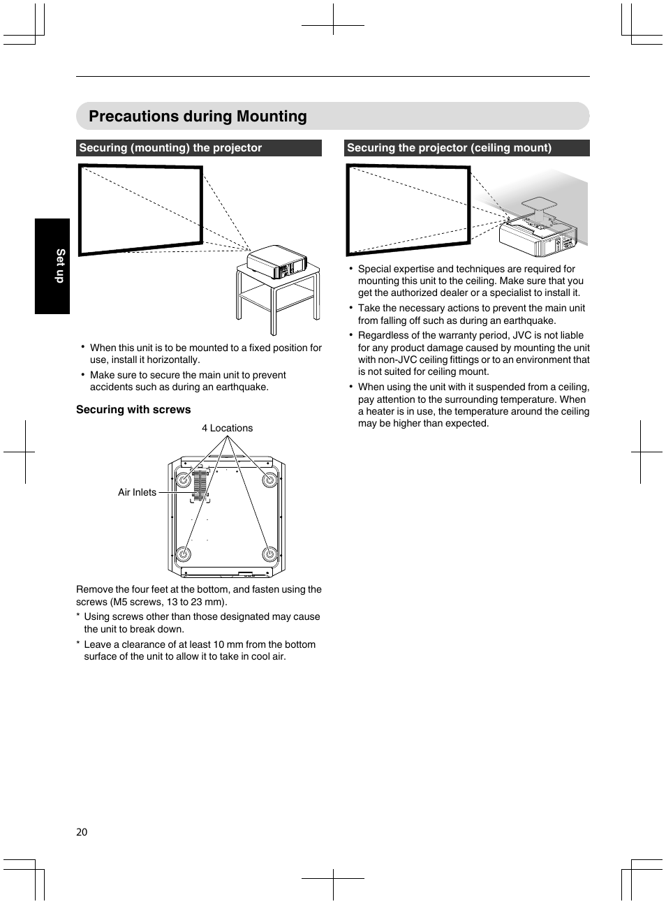Precautions during mounting | JVC DLA-X95R User Manual | Page 20 / 260