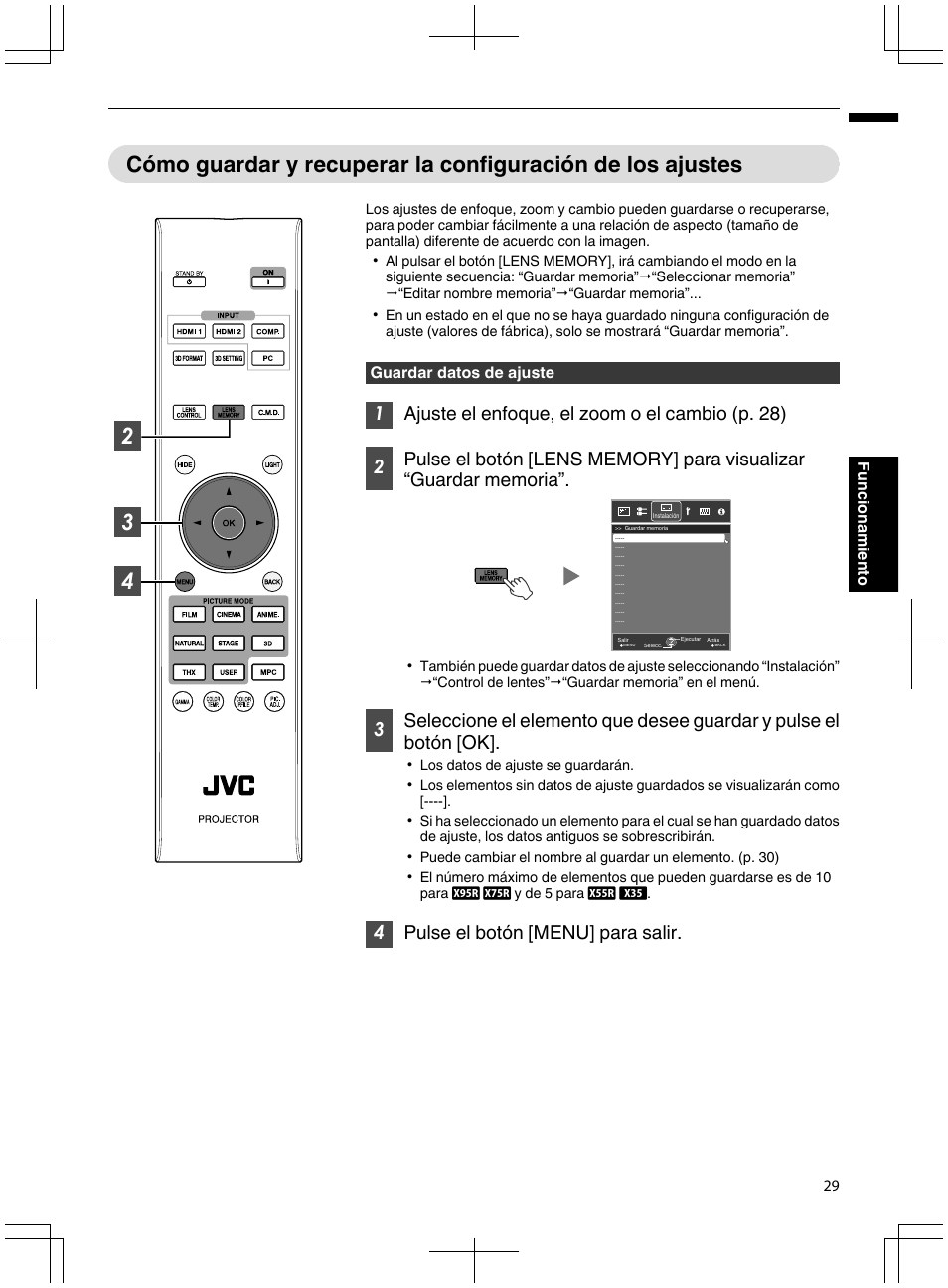 P. 29), 4pulse el botón [menu] para salir, Guardar datos de ajuste | 29 funcionamiento | JVC DLA-X95R User Manual | Page 201 / 260