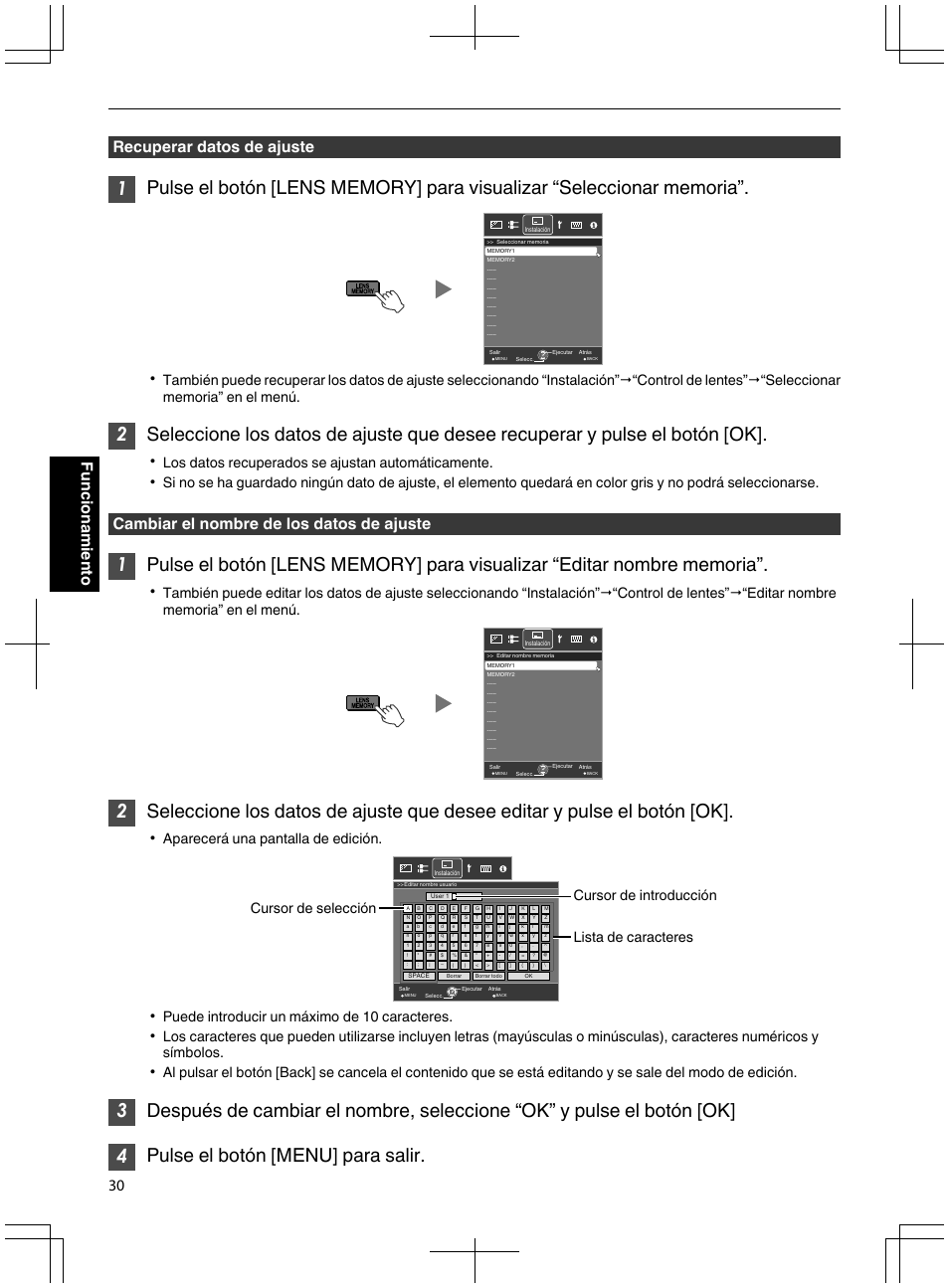 Recuperar datos de ajuste, Cambiar el nombre de los datos de ajuste, 30 funcionamiento | Los datos recuperados se ajustan automáticamente, Aparecerá una pantalla de edición, Puede introducir un máximo de 10 caracteres | JVC DLA-X95R User Manual | Page 202 / 260
