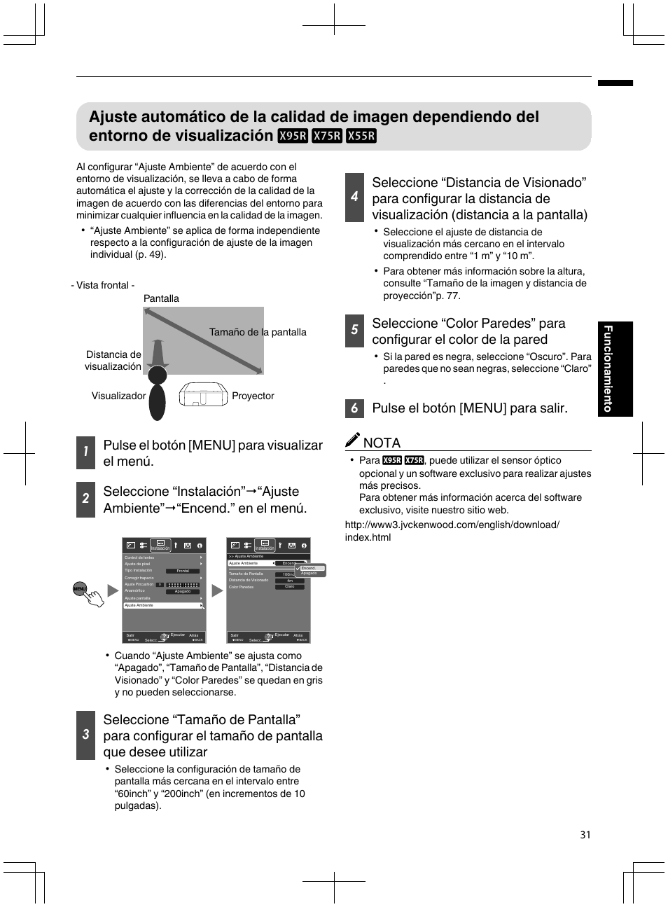 Ajuste automático de la calidad de imagen, Dependiendo del entorno de visualización d, P. 31) | 6pulse el botón [menu] para salir. nota, 31 funcionamiento | JVC DLA-X95R User Manual | Page 203 / 260