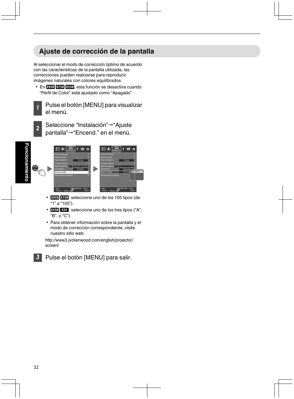 Ajuste de corrección de la pantalla, 3pulse el botón [menu] para salir, 32 funcionamiento | JVC DLA-X95R User Manual | Page 204 / 260