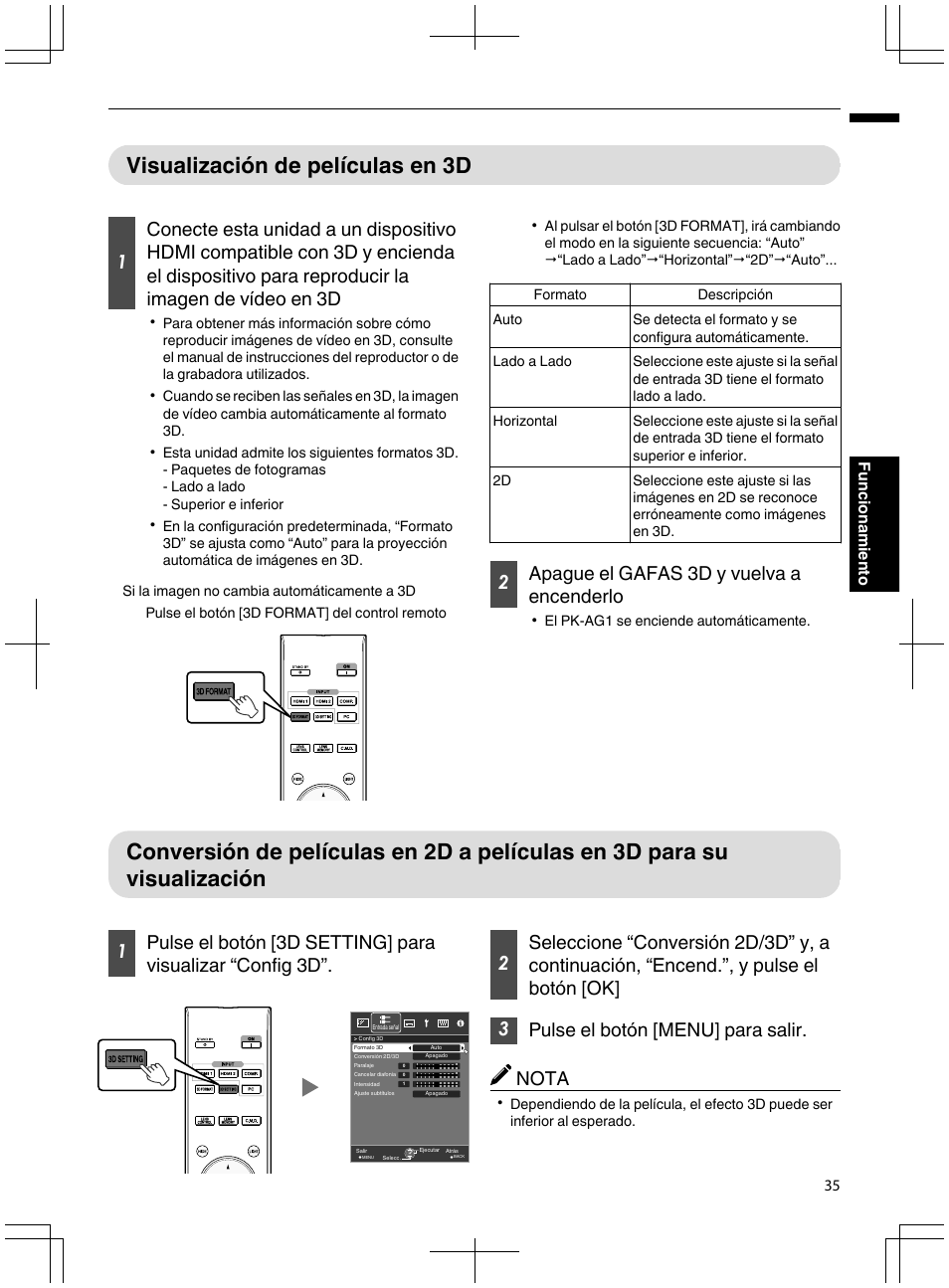 Visualización de películas en 3d, Para su visualización, P. 35) | 3d. (p. 35), 2apague el gafas 3d y vuelva a encenderlo | JVC DLA-X95R User Manual | Page 207 / 260