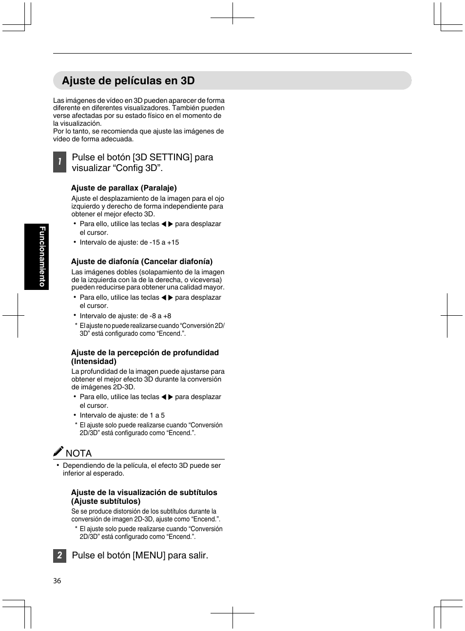 Ajuste de películas en 3d, Nota, 2pulse el botón [menu] para salir | JVC DLA-X95R User Manual | Page 208 / 260