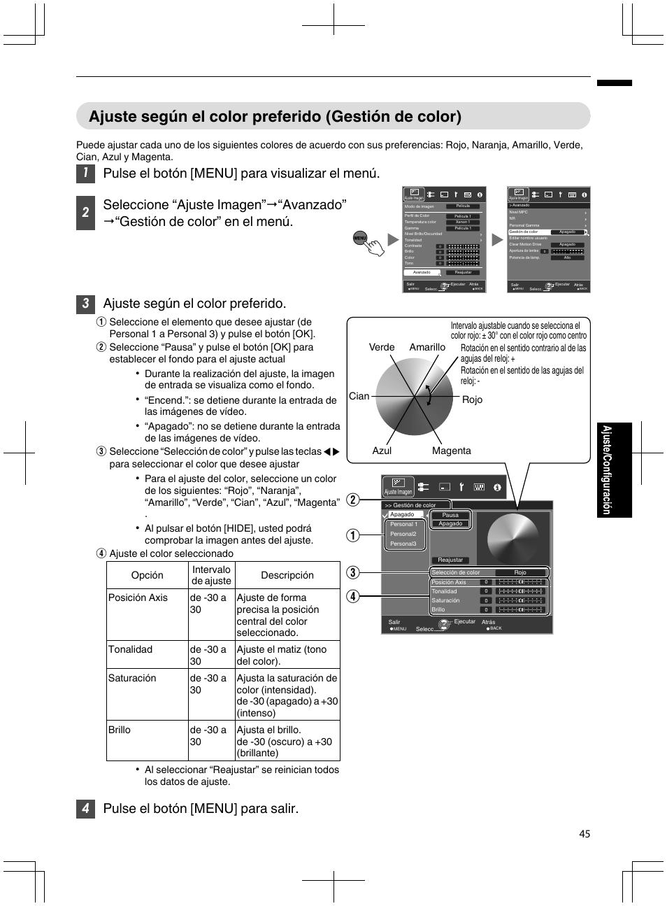 Ajuste según el color preferido (gestión de color), 4pulse el botón [menu] para salir, Ac d b | 45 ajuste/configuración | JVC DLA-X95R User Manual | Page 217 / 260