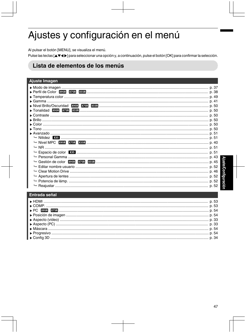 Ajustes y configuración en el menú, Lista de elementos de los menús | JVC DLA-X95R User Manual | Page 219 / 260