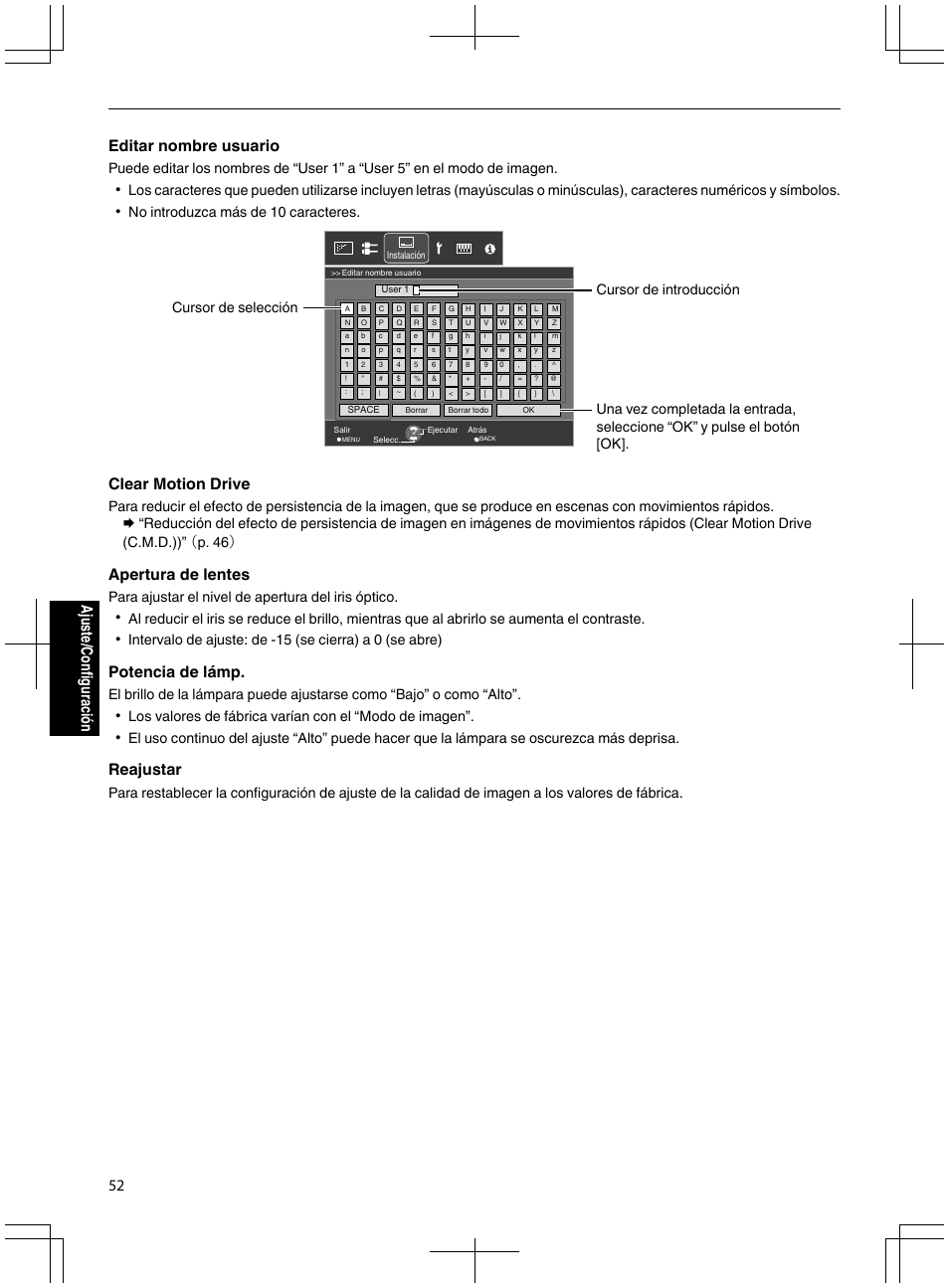 P. 52, Editar nombre usuario, Clear motion drive | Apertura de lentes, Potencia de lámp, Reajustar, 52 ajuste/configuración, No introduzca más de 10 caracteres, Para ajustar el nivel de apertura del iris óptico | JVC DLA-X95R User Manual | Page 224 / 260