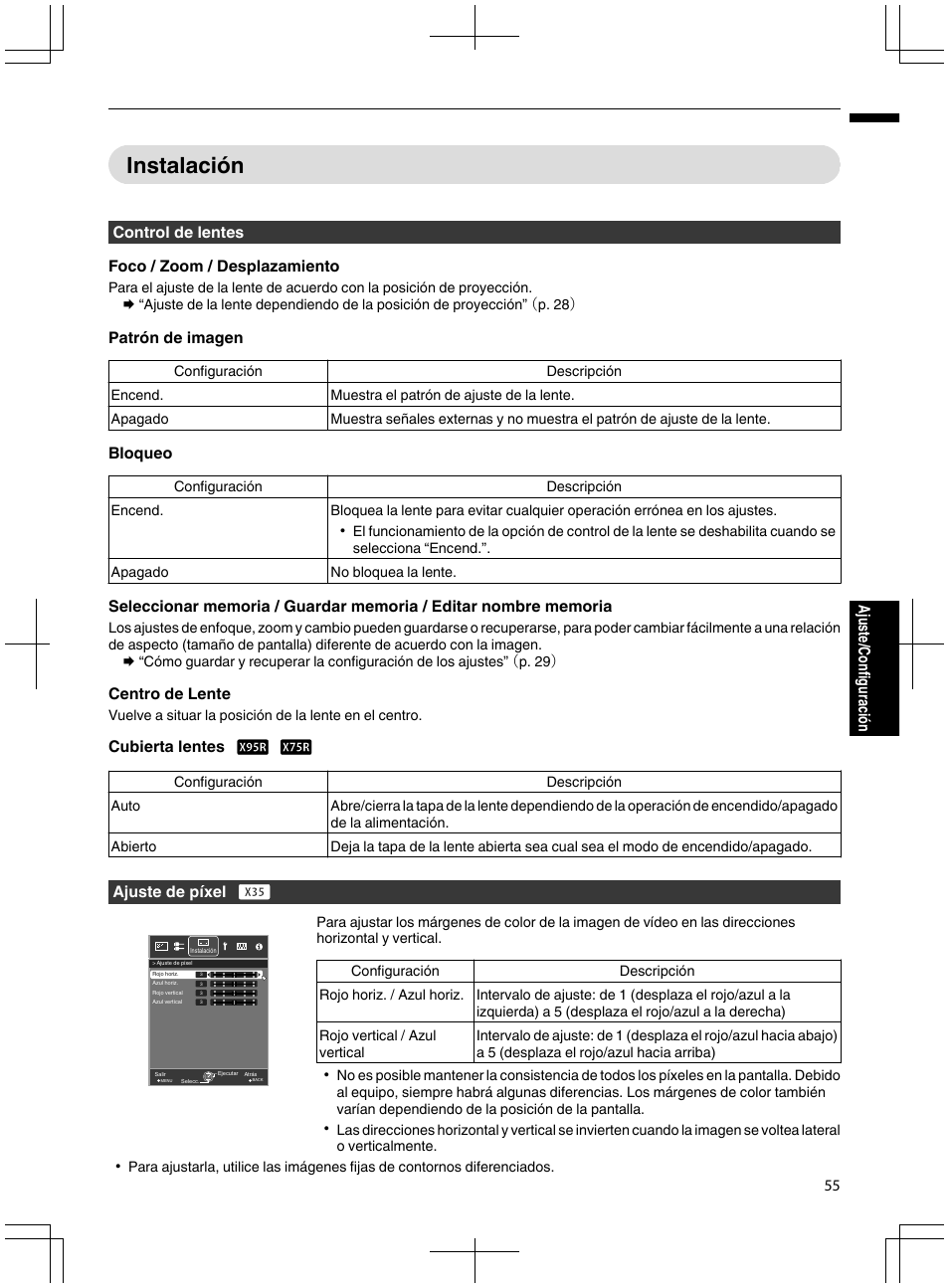 Instalación, P. 55, Control de lentes foco / zoom / desplazamiento | Patrón de imagen, Bloqueo, Centro de lente, Cubierta lentes d c, Ajuste de píxel a, 55 ajuste/configuración | JVC DLA-X95R User Manual | Page 227 / 260
