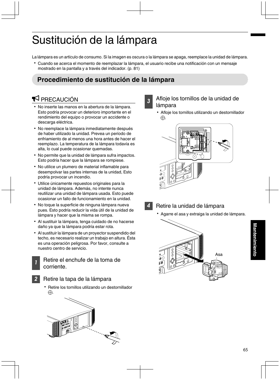Mantenimiento, Sustitución de la lámpara, Procedimiento de sustitución de la lámpara | Precaución, 3afloje los tornillos de la unidad de lámpara, 4retire la unidad de lámpara | JVC DLA-X95R User Manual | Page 237 / 260
