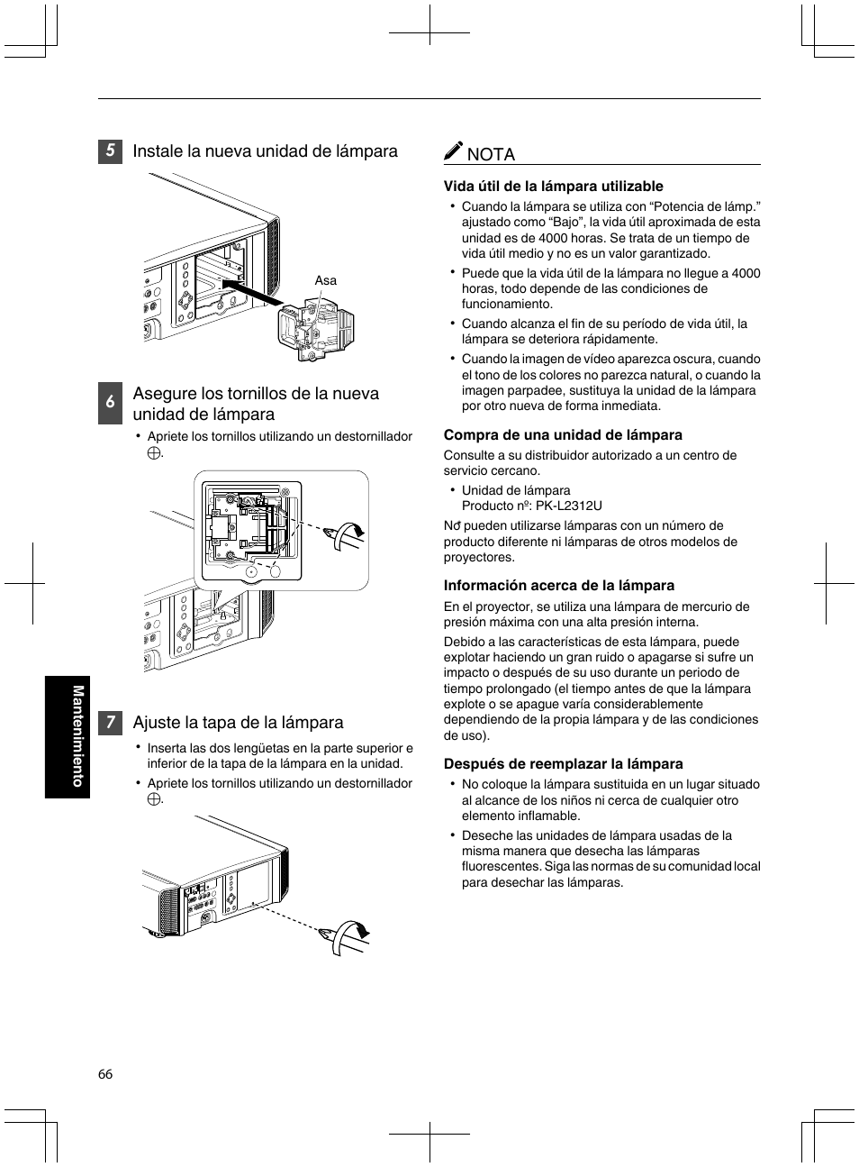 5instale la nueva unidad de lámpara, 7ajuste la tapa de la lámpara, Nota | JVC DLA-X95R User Manual | Page 238 / 260