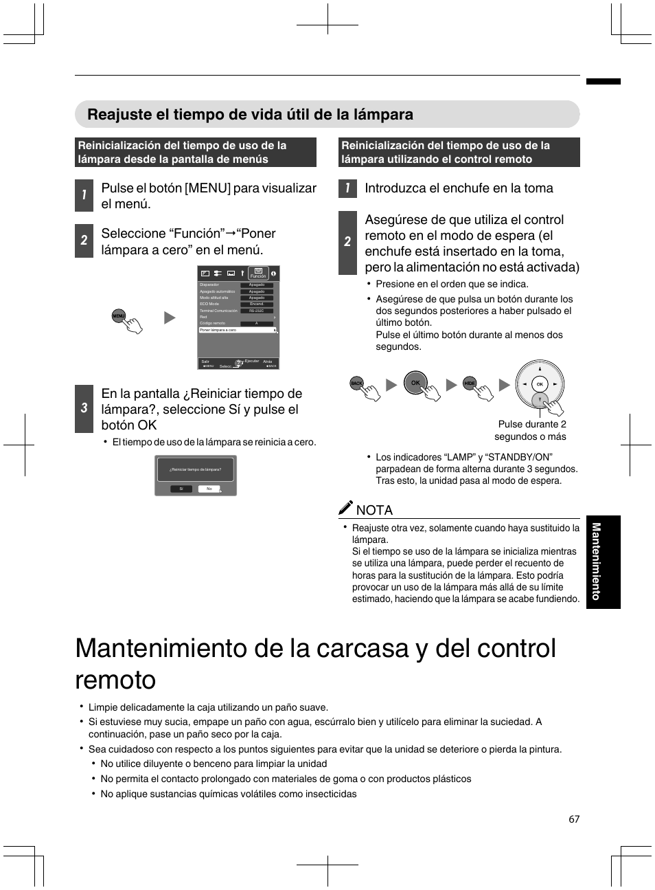Reajuste el tiempo de vida útil de la lámpara, Mantenimiento de la carcasa y del control remoto, P. 67 | Nota | JVC DLA-X95R User Manual | Page 239 / 260