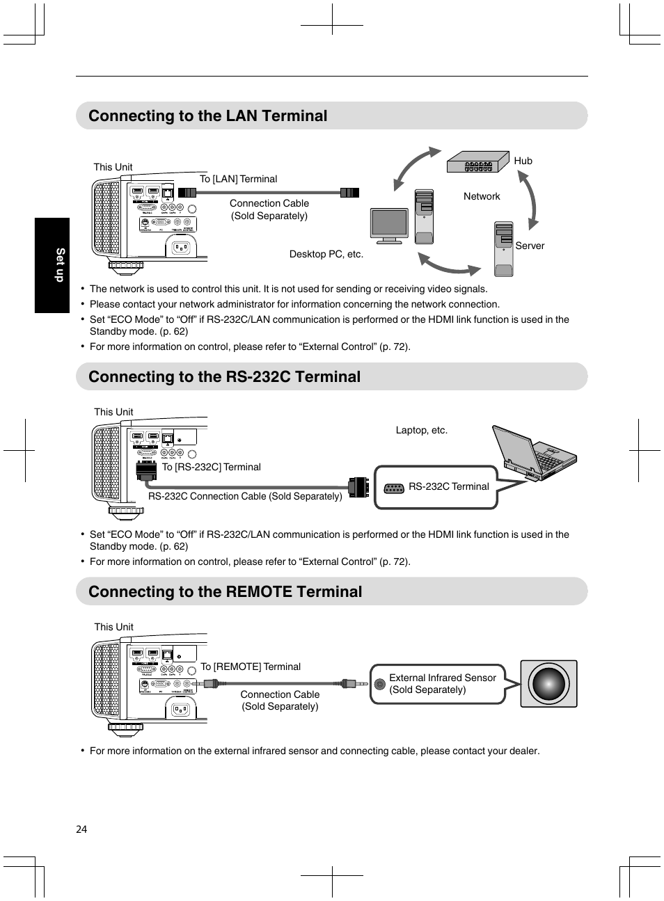 Connecting to the lan terminal, Connecting to the rs-232c terminal, Connecting to the remote terminal | JVC DLA-X95R User Manual | Page 24 / 260