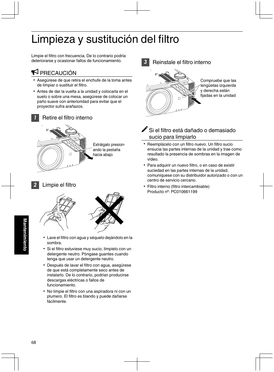 Limpieza y sustitución del filtro, Precaución, 1retire el filtro interno | 2limpie el filtro, 3reinstale el filtro interno | JVC DLA-X95R User Manual | Page 240 / 260
