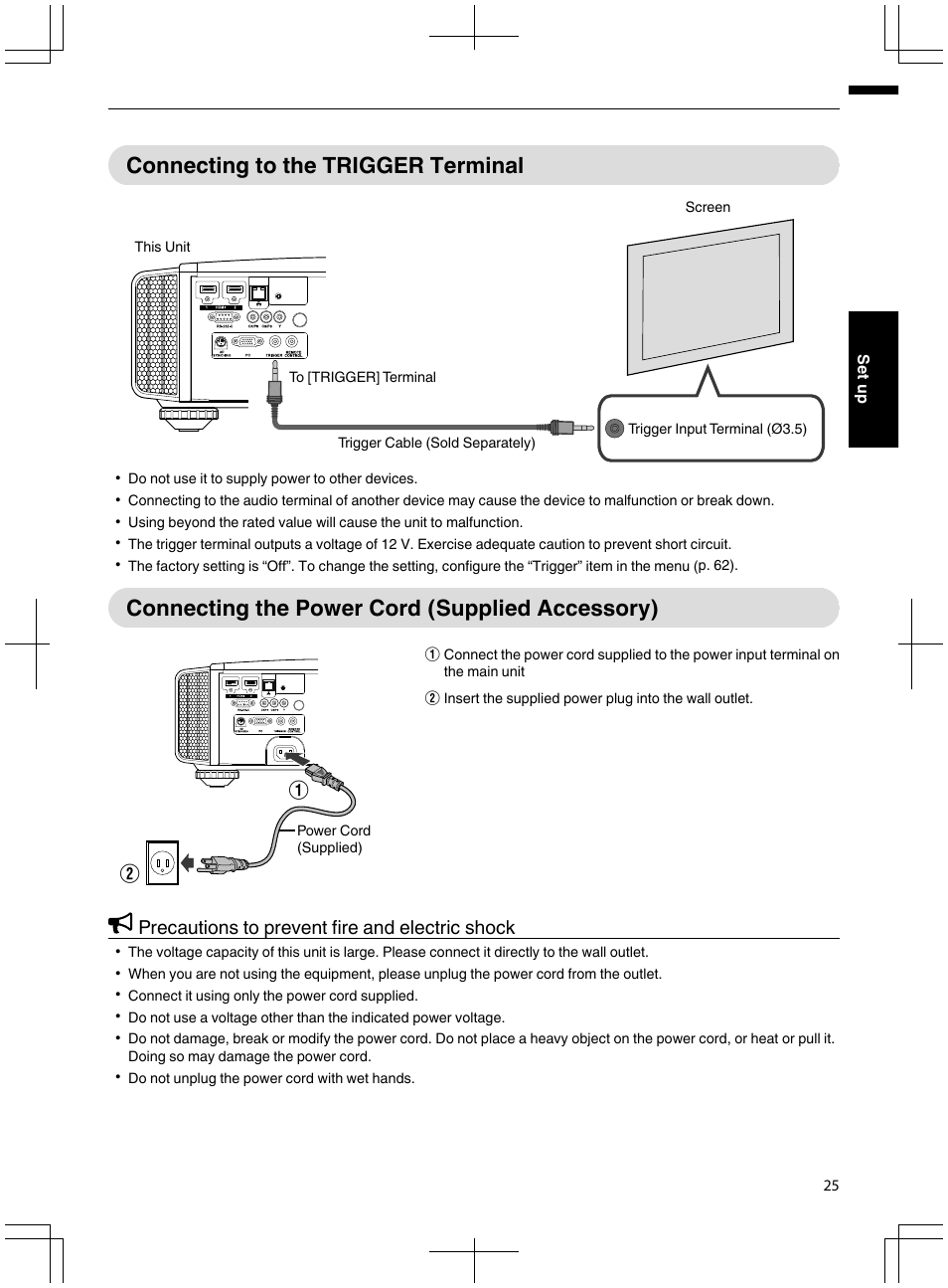 Connecting to the trigger terminal, Connecting the power cord (supplied accessory), Precautions to prevent fire and electric shock | JVC DLA-X95R User Manual | Page 25 / 260