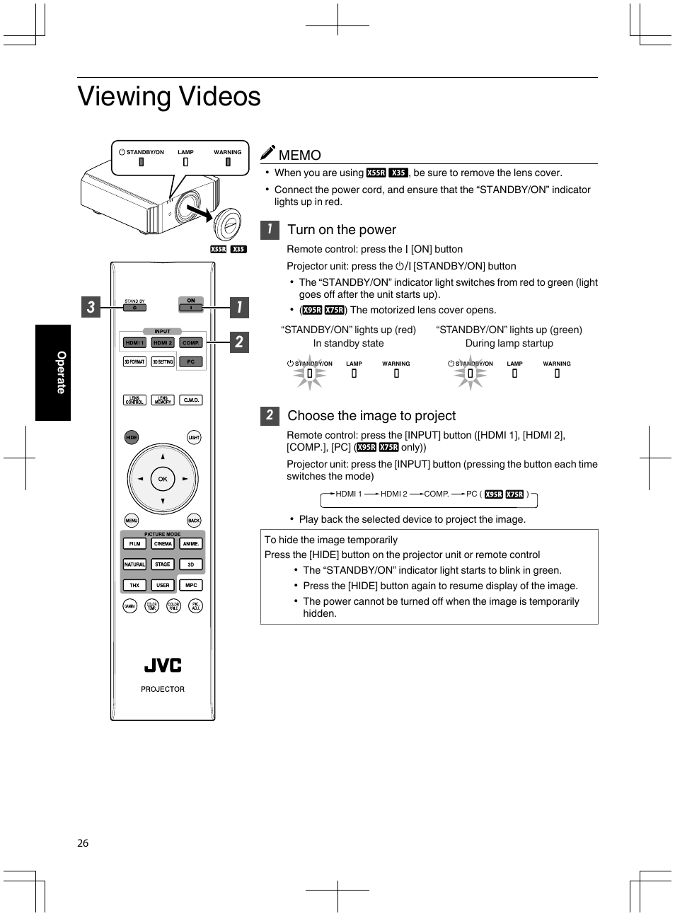 Operate, Viewing videos, Turns on the power. (p. 26) | Only). (p. 26), P. 26), 1turn on the power, 2choose the image to project | JVC DLA-X95R User Manual | Page 26 / 260