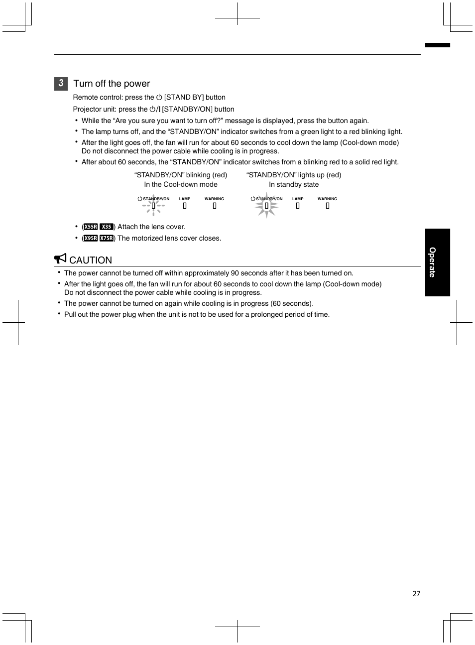 Turns off the power. (p. 27), 3turn off the power, Caution | JVC DLA-X95R User Manual | Page 27 / 260