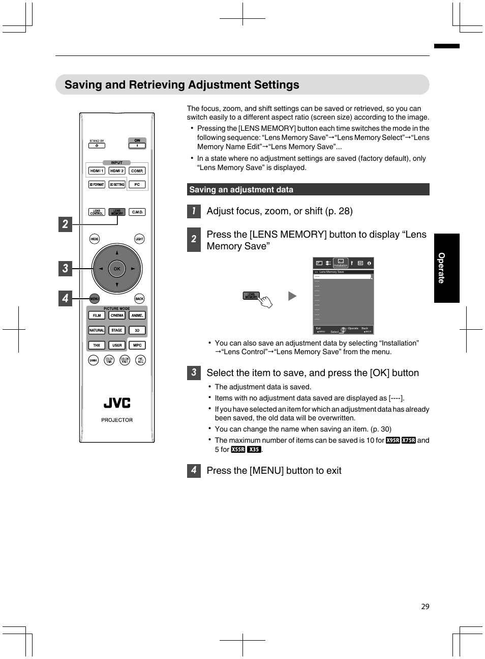 Saving and retrieving adjustment settings, Lens memory. (p. 29), 4press the [menu] button to exit | Saving an adjustment data, 29 operate | JVC DLA-X95R User Manual | Page 29 / 260