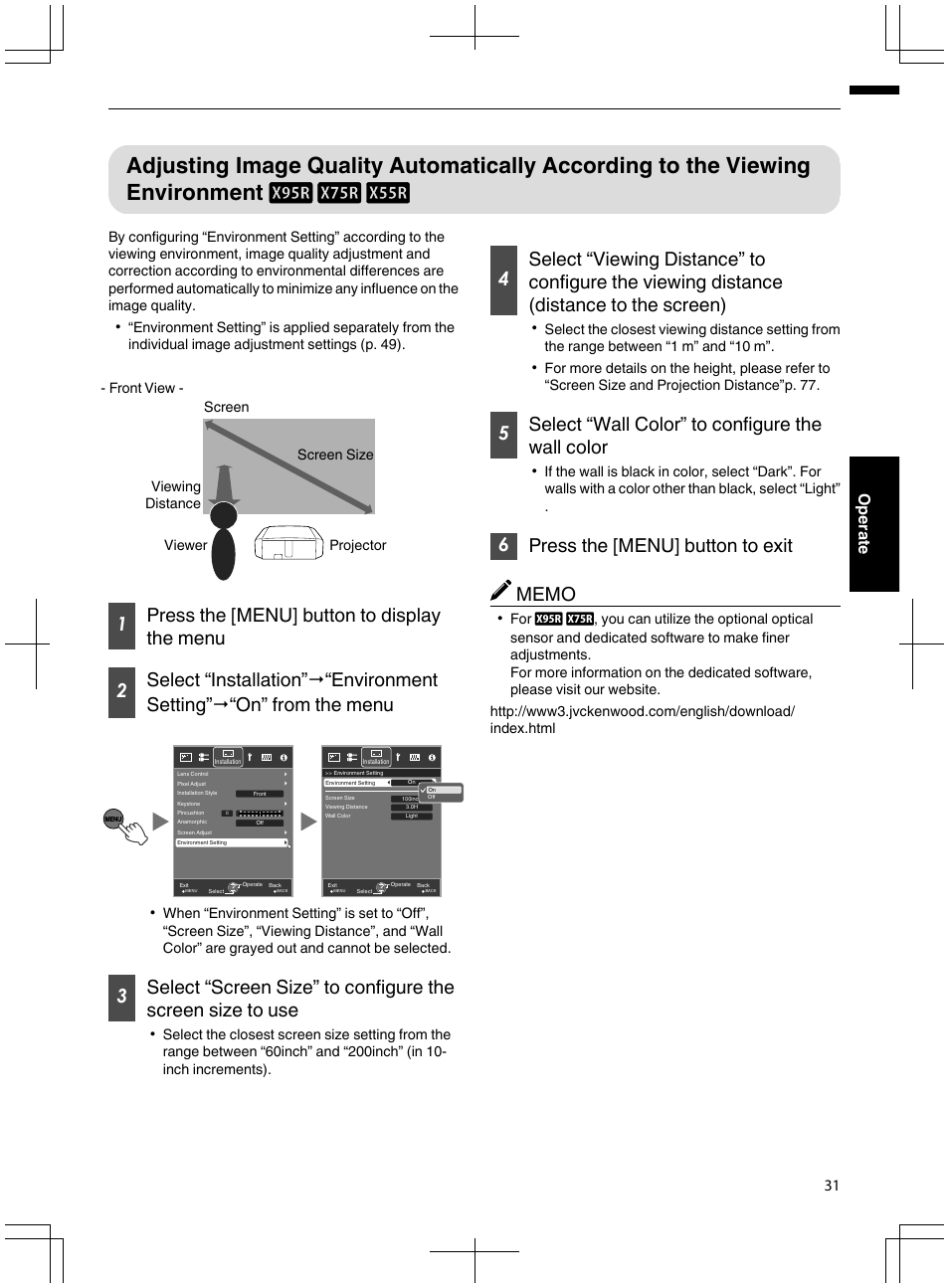 Adjusting image quality automatically according to, The viewing environment d c b, 5select “wall color” to configure the wall color | 31 operate | JVC DLA-X95R User Manual | Page 31 / 260
