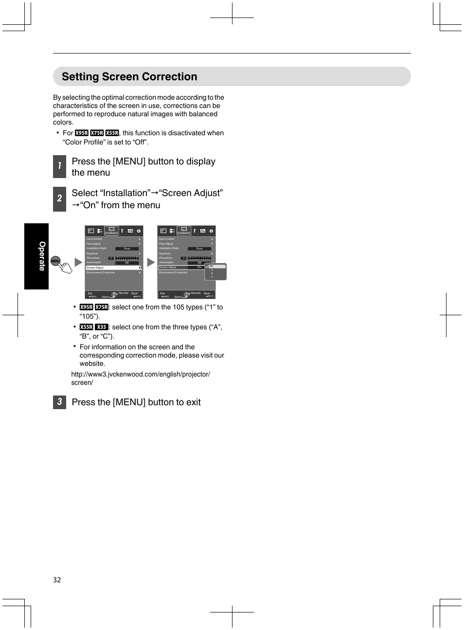 Setting screen correction, 3press the [menu] button to exit, 32 operate | JVC DLA-X95R User Manual | Page 32 / 260