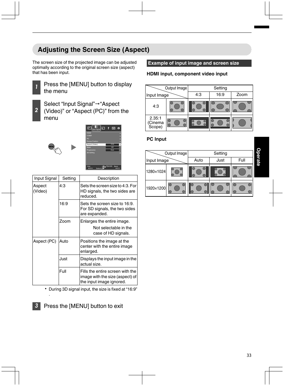 Adjusting the screen size (aspect), 3press the [menu] button to exit | JVC DLA-X95R User Manual | Page 33 / 260